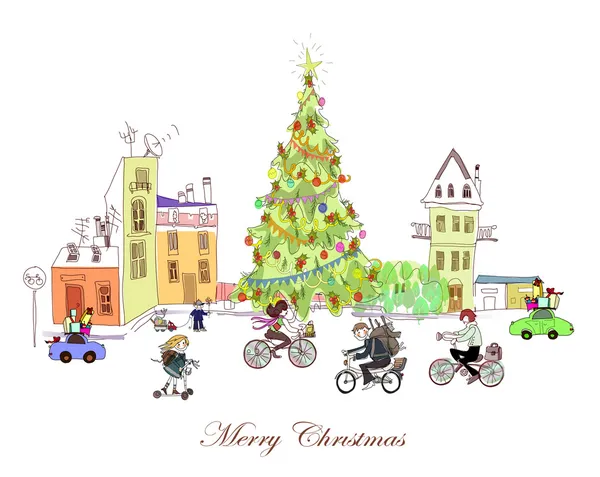 Рождественские забавы, Люди и дети платят снегом, Городской сбор — стоковый вектор