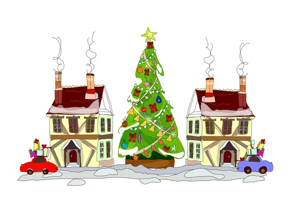 圣诞的欢乐吧，人和孩子支付城市汇集的雪 — 图库矢量图片