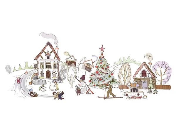 Weihnachtsvergnügen, Menschen und Kinder bezahlen mit Schnee, Stadtsammlung — Stockvektor