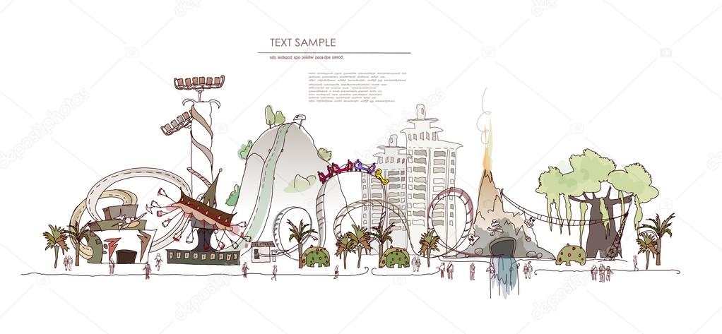 Theme park with rides illustration, City collection