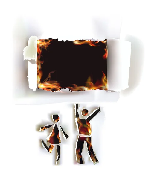 Gelukkige paar in love, gescheurd papier collectie en vlammen — Stockvector
