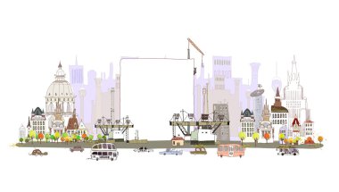 Şehir illüstrasyon, şehir ve işlek yolda fabrika