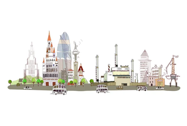 City illustration, City and factory on the busy road — Wektor stockowy