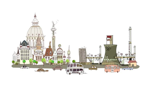 Illustration de la ville, Ville et usine sur la route animée — Image vectorielle