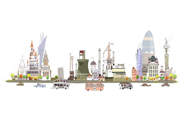 Illustrazione della città, città e fabbrica sulla strada trafficata — Vettoriale Stock