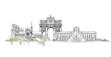 Paris,  sketch collection, Notre dame, Tower, Triumph Arch in Paris and Louvre clipart