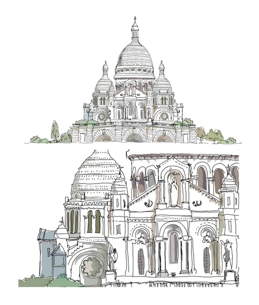 Париж, коллекция эскизов, Sacred Heart in Montmartre view and detail — стоковый вектор