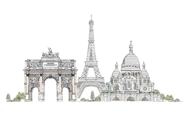 Paris, skiss samling, Eiffeltornet, triumf bågen i paris Cœur i montmartre, — Stock vektor