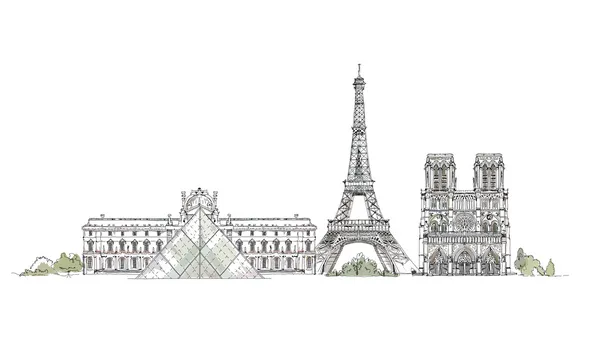 Paris, collection de croquis, Notre Dame, Tour Eiffel et Luevre — Image vectorielle
