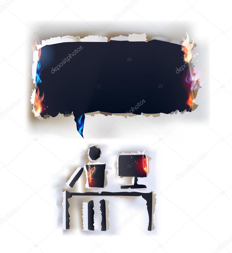 Ripped paper collection and flames, Office worker by the computer desk