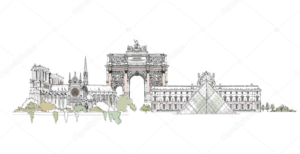 Paris,  sketch collection, Notre dame, Tower, Triumph Arch in Paris and Louvre