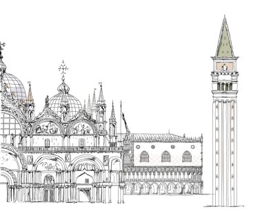 Basilica san marco, doge Sarayı ve Kulesi, Venedik illüstrasyon kroki koleksiyonu