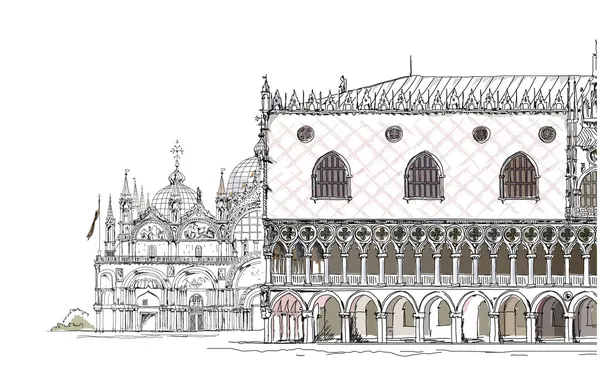 Benátky ilustrace, Dóžecí palác a san marco baziliky, Skica collection — Stockový vektor