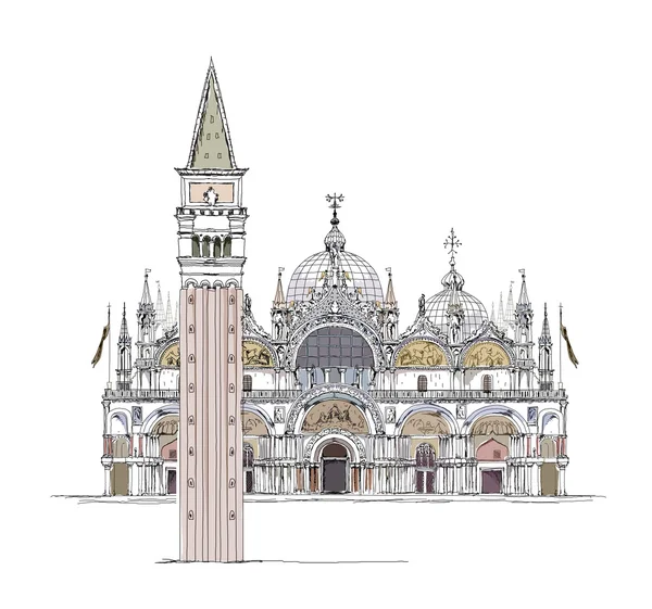 San Marco Platz und Turm, venezianische Illustration, Skizzensammlung — Stockvektor