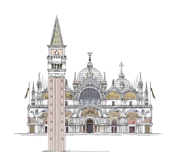 Praça e torre de San Marco, ilustração de Veneza, coleção de esboços — Vetor de Stock