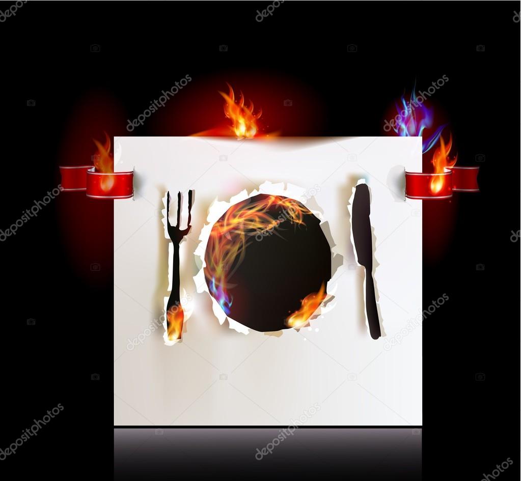 Template for menu, palate knife and fork, Ripped paper collection and flames