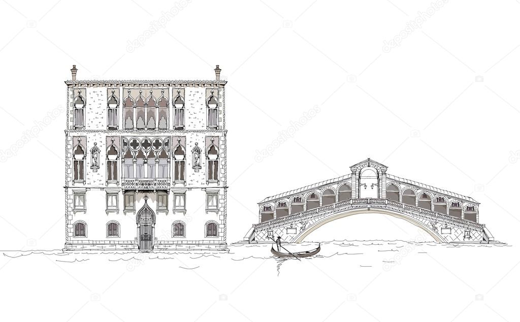 Venice illustration, Private house and brodge of all lovers,  Sketch collection