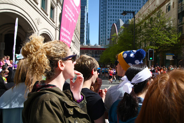 LONDON, UK - APRIL 13, 2014 - London Marathon in Canary Wharf aria, massive sport event, Supportive crowd