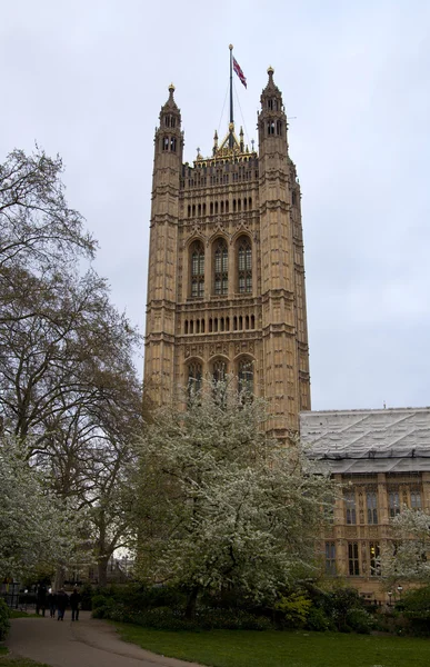 London, westminster, Storbritannien - den 05 april, 2014 husen i parlamentet och parlamentet tower, Visa från victoria tower gardens — Stockfoto