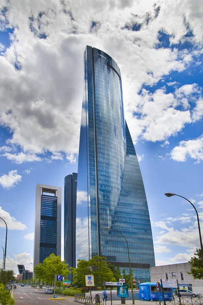 MADRID, SPAIN - MAY 28, 2014: Madrid city business centre, modern skyscrapers ,Cuatro Torres 250 meters high — Stock Photo, Image