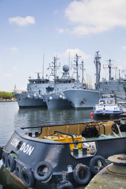 LONDON, UK - MAY 17, 2014: German army military ships based in Canary Wharf aria, to be open for public in educational content. clipart