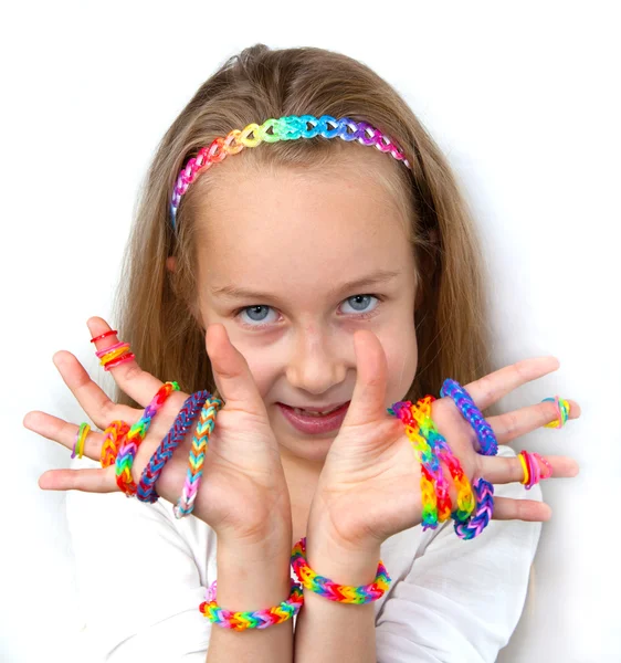 Loom bags craft. Little girl demonstrating her works. — Stock Photo, Image