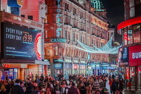 London November 2021 Festliche Dekoration Und Weihnachtsbeleuchtung Leicester Square Nachtleben — Stockfoto