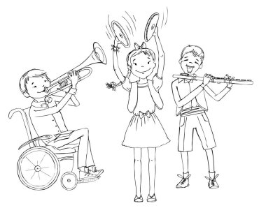 Okulda müzik dersi. Çocuklar farklı müzik enstrümanları çalıyorlar. Trompet, piyano, flüt, gitar, eğlence. Okuldaki mutlu çocuklar. Eğitici bir kavram. Çizim