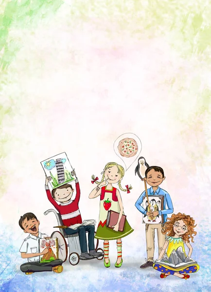 Skupina Dětí Včetně Chlapce Kolečkovém Křesle Čte Knihy Šťastné Děti — Stock fotografie
