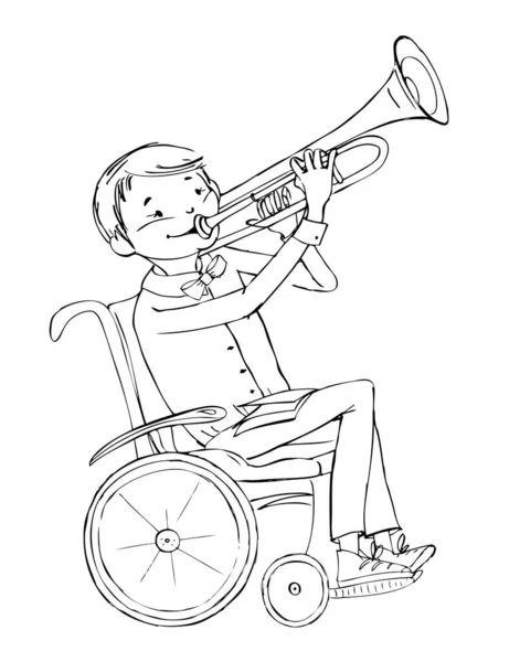 Парень Инвалидном Кресле Играет Трубе Школьный Урок Образовательная Концепция Рисунок — стоковое фото