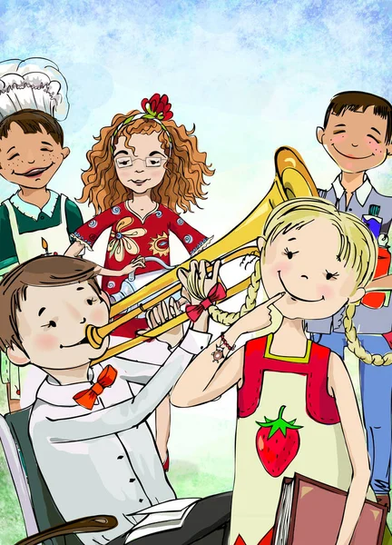 Aula Música Escola Crianças Estão Tocando Diferentes Instrumentos Musicais Trompete — Fotografia de Stock
