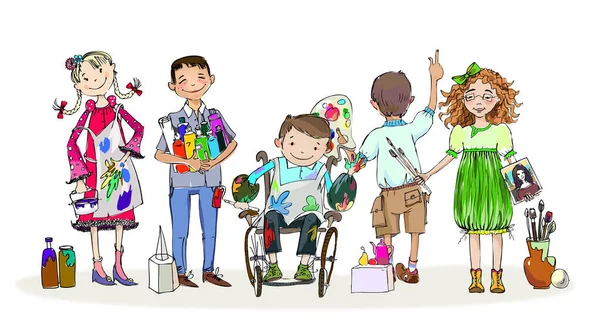 Lição Arte Escola Grupo Crianças Felizes Incluem Menino Cadeira Rodas — Fotografia de Stock