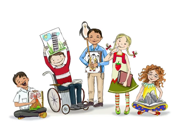 Grupo Crianças Incluindo Menino Cadeira Rodas Demonstrando Diferentes Atividades Escolares — Fotografia de Stock