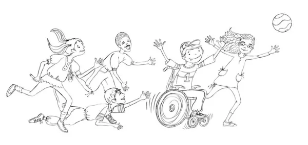 Группа Детей Включая Мальчика Инвалидной Коляске Играющего Мячом Иллюстрация Концепции — стоковое фото