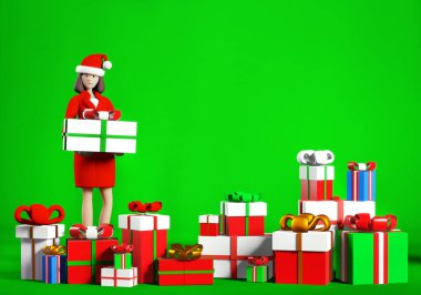 3D resimli iş kadını, bir sürü hediye ve Noel hediyesi. Noel 'i ve yeni yılı ofiste, iş hayatında ve iş hayatında kutluyoruz