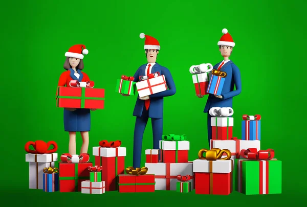 3D渲染插图商人们带着许多礼物和圣诞礼物 庆祝圣诞和新的一年 在办公室 商业和企业生活 — 图库照片