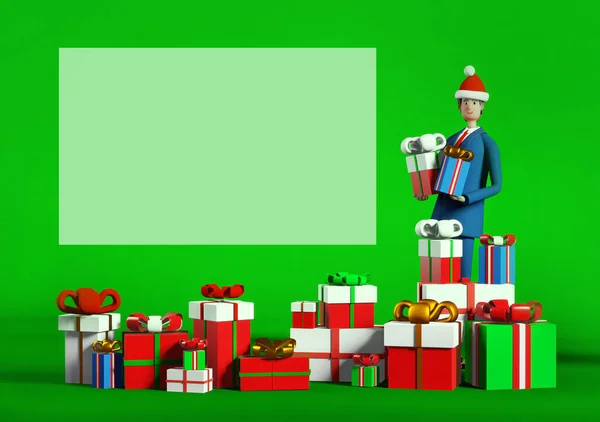 Rendering Illustration Geschäftsmann Mit Vielen Geschenken Und Weihnachtsgeschenken Weihnachten Und — Stockfoto