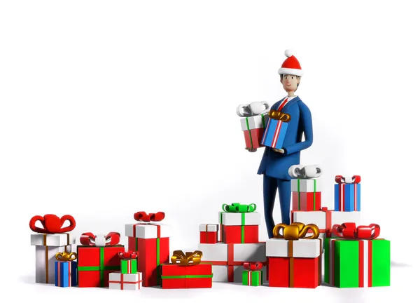 3D渲染说明商人与许多礼物和圣诞礼物 庆祝圣诞和新的一年 在办公室 商业和企业生活 — 图库照片