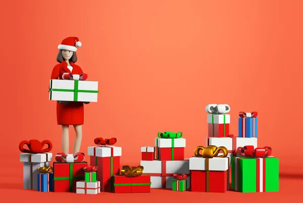 3D渲染说明商业女性拥有大量的礼物和圣诞礼物 庆祝圣诞和新的一年 在办公室 商业和企业生活 — 图库照片
