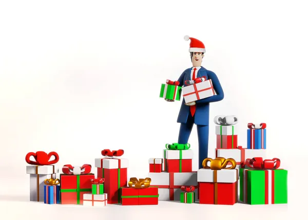 3D渲染说明商人与许多礼物和圣诞礼物 庆祝圣诞和新的一年 在办公室 商业和企业生活 — 图库照片