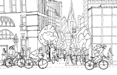 Ofis çalışanları bisikletle şehir merkezine gider. Şehir yollarında bisikletçiler. Sağlıklı yaşam konsepti çizimi.