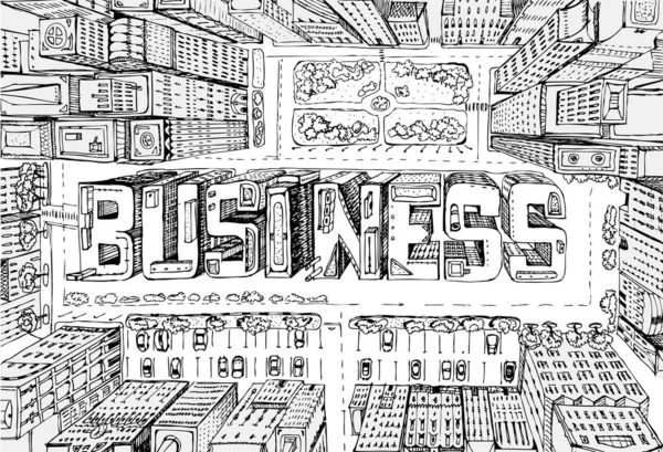 Współczesna Ilustracja Miasta Aria Biznesowa Drapaczami Chmur Skomponowana Znaku Business — Zdjęcie stockowe