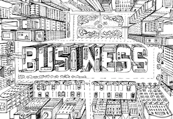 Współczesna Ilustracja Miasta Aria Biznesowa Drapaczami Chmur Skomponowana Znaku Business — Zdjęcie stockowe