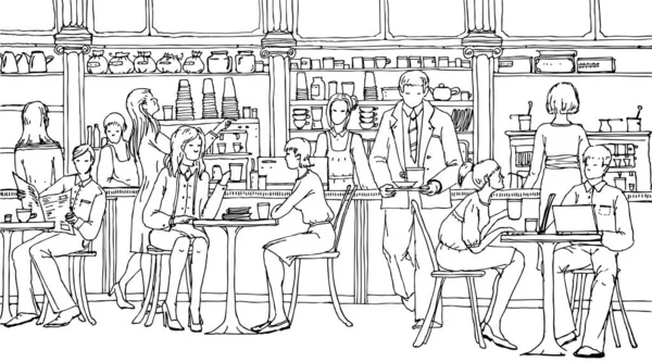 Business People Lunch Break Cafe Talking Working Laptops Doodle Illustration — Stock Photo, Image