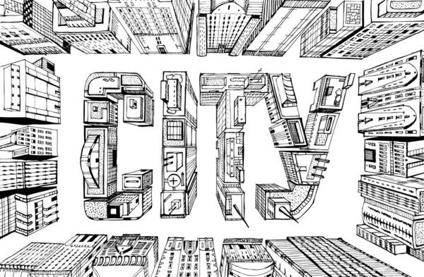 Współczesna Ilustracja Miasta Aria Biznesowa Drapaczami Chmur Skomponowana Znaku City — Zdjęcie stockowe