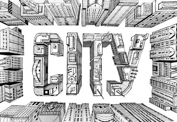 Modern City Illustration Business Aria Skyscrapers Composed City Sign — Stock Photo, Image