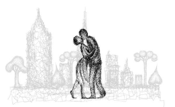 Şehirde Öpüşün Öpüşme Kucaklaşmanın Soyut Çizimi Çizim Karalama — Stok fotoğraf