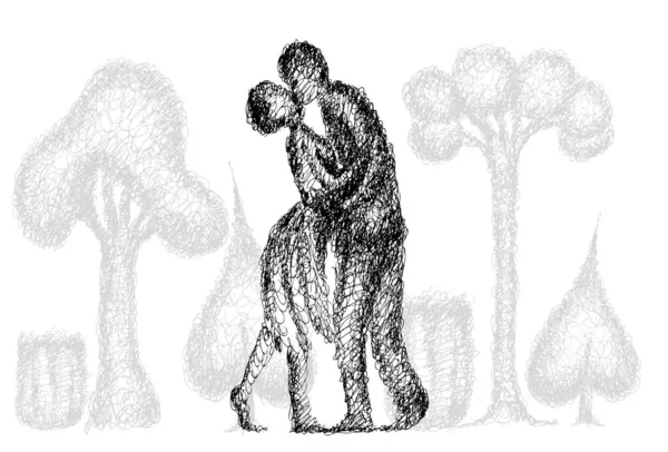 Pocałunek Mieście Abstrakcyjna Ilustracja Całowania Przytulania Pary Szkic Bazgroły — Zdjęcie stockowe