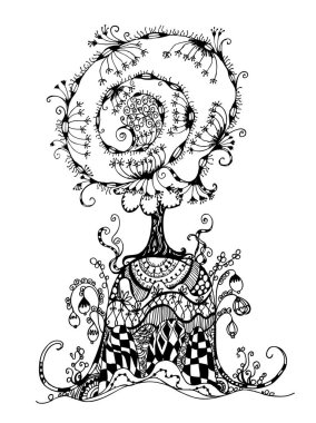 Dekoratif soyut ağaç, mürekkep çizimi