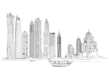 Dubai 'de. Dubai limanının gökdelenleri. Çizim koleksiyonu illüstrasyonu